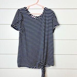 Navy & White striped Top with flutter sleeve and tie